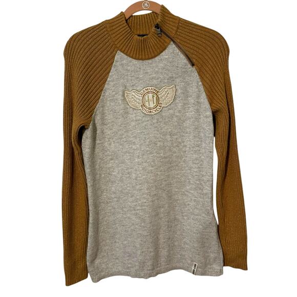 Harley Davidson Size Medium Metallic Gold Applique Mock Neck Ski Sweater - Picture 1 of 8